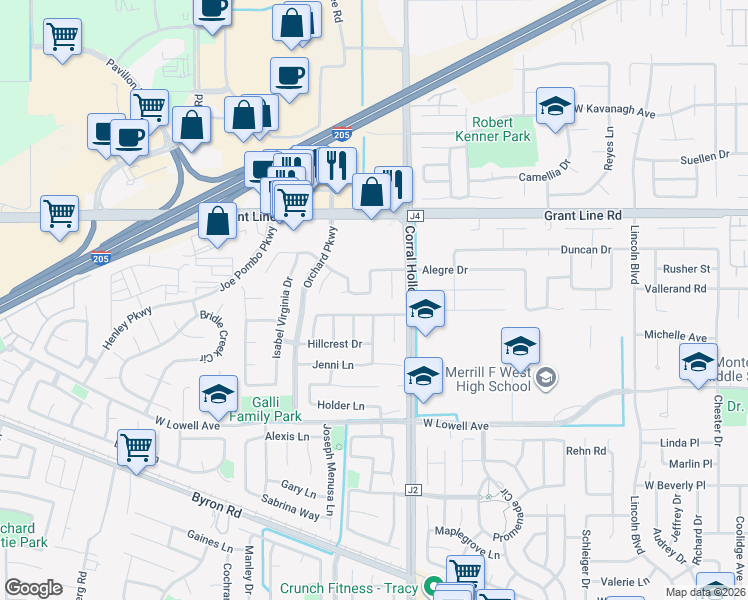 map of restaurants, bars, coffee shops, grocery stores, and more near 2120 Foothill Ranch Drive in Tracy