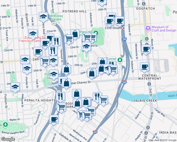 map of restaurants, bars, coffee shops, grocery stores, and more near 1218 Connecticut Street in San Francisco