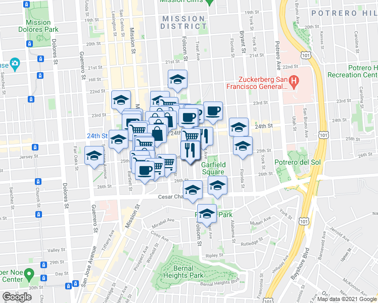map of restaurants, bars, coffee shops, grocery stores, and more near 1118 Shotwell Street in San Francisco