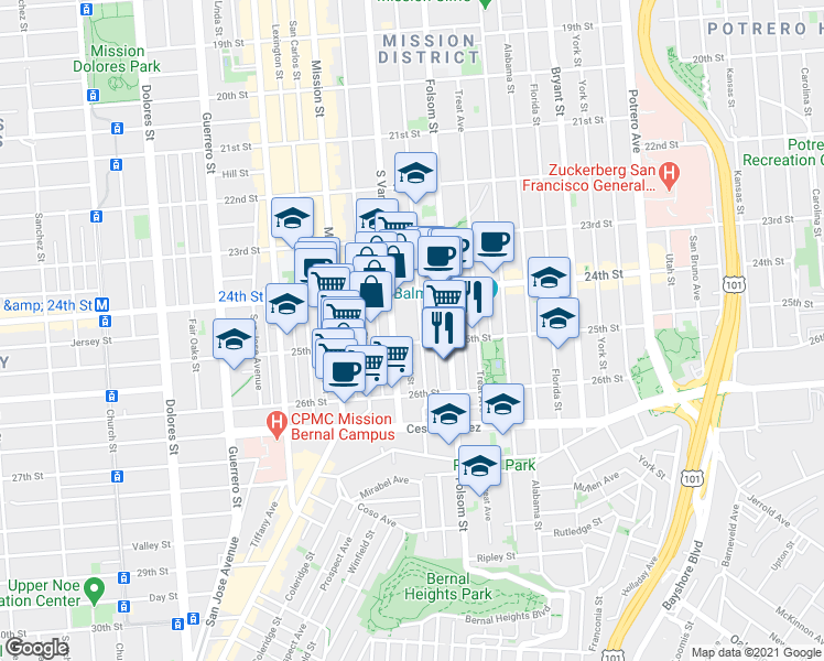 map of restaurants, bars, coffee shops, grocery stores, and more near 1118 Shotwell Street in San Francisco