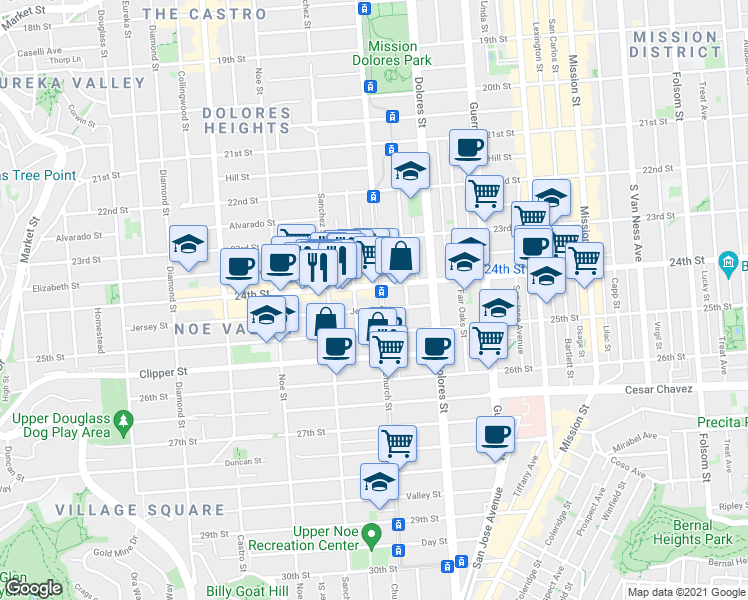 map of restaurants, bars, coffee shops, grocery stores, and more near 1275 Church Street in San Francisco