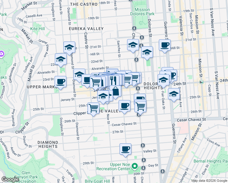map of restaurants, bars, coffee shops, grocery stores, and more near 293 Jersey Street in San Francisco