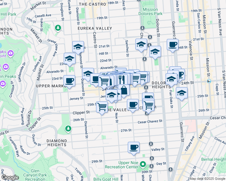 map of restaurants, bars, coffee shops, grocery stores, and more near 293 Jersey Street in San Francisco