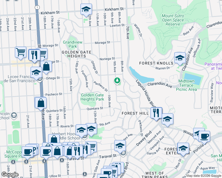 map of restaurants, bars, coffee shops, grocery stores, and more near 2022 10th Avenue in San Francisco