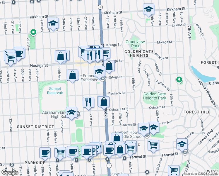 map of restaurants, bars, coffee shops, grocery stores, and more near 2000 18th Avenue in San Francisco