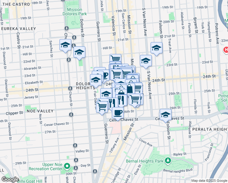 map of restaurants, bars, coffee shops, grocery stores, and more near 257 San Jose Avenue in San Francisco