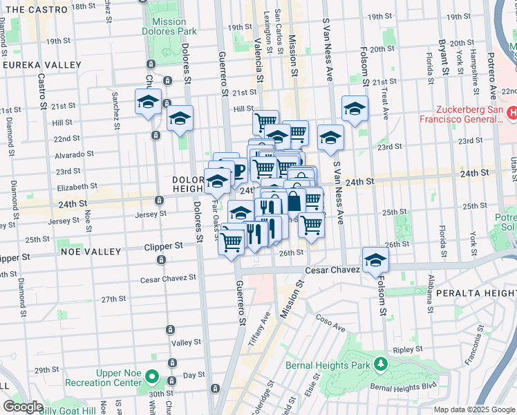 map of restaurants, bars, coffee shops, grocery stores, and more near 257 San Jose Avenue in San Francisco