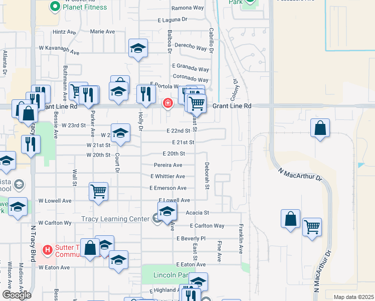 map of restaurants, bars, coffee shops, grocery stores, and more near 227 Pereira Avenue in Tracy