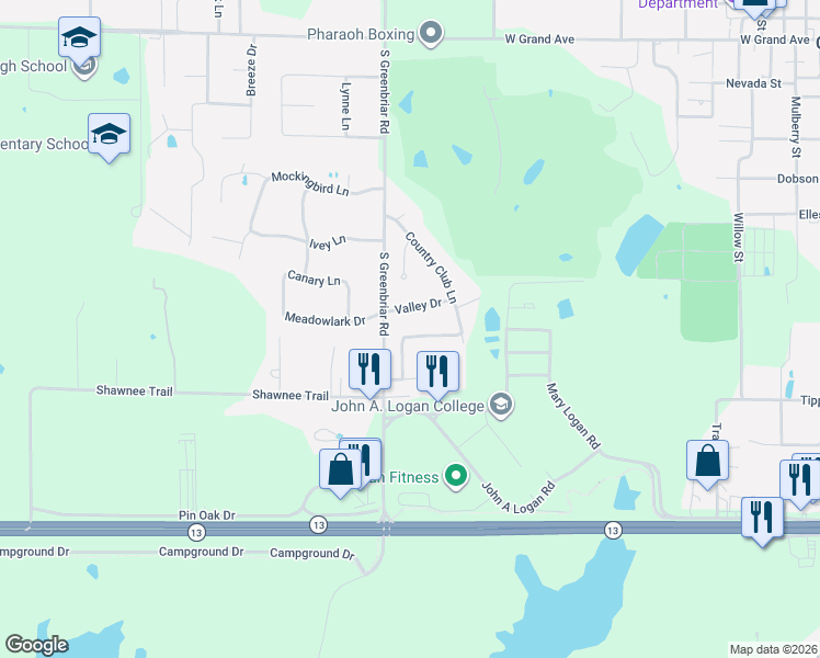 map of restaurants, bars, coffee shops, grocery stores, and more near 801 Executive Lane in Carterville