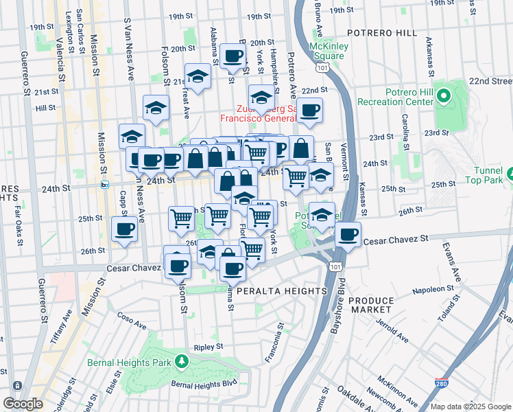 map of restaurants, bars, coffee shops, grocery stores, and more near Bryant St & 25th St in San Francisco