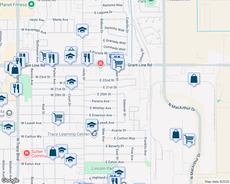 map of restaurants, bars, coffee shops, grocery stores, and more near 259 East 20th Street in Tracy