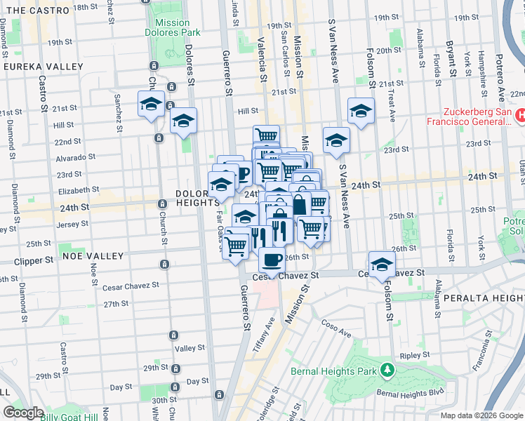 map of restaurants, bars, coffee shops, grocery stores, and more near 257 San Jose Avenue in San Francisco