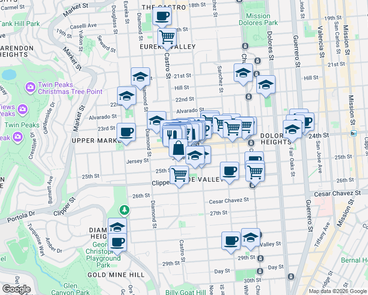 map of restaurants, bars, coffee shops, grocery stores, and more near 4063 24th Street in San Francisco