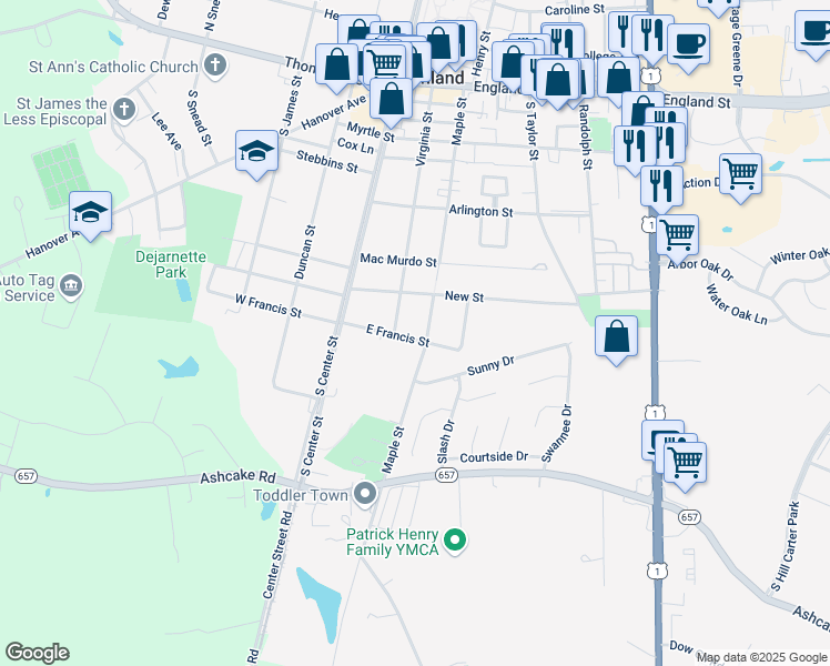 map of restaurants, bars, coffee shops, grocery stores, and more near 204 East Francis Street in Ashland