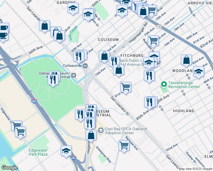map of restaurants, bars, coffee shops, grocery stores, and more near 800 77th Avenue in Oakland