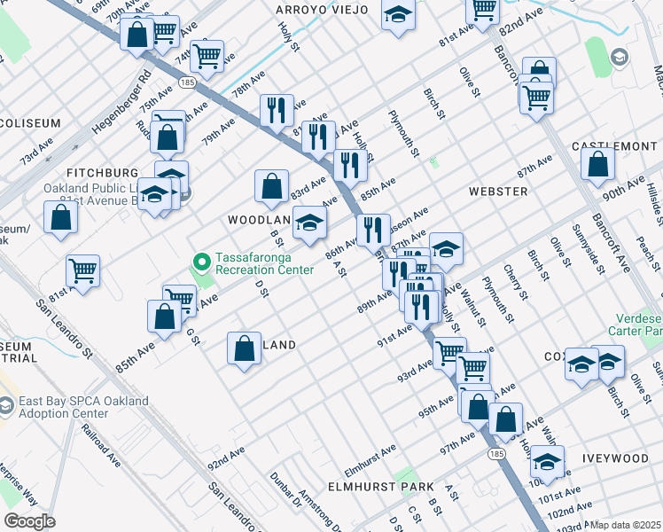 map of restaurants, bars, coffee shops, grocery stores, and more near 8617 A Street in Oakland