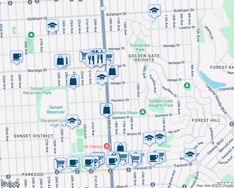 map of restaurants, bars, coffee shops, grocery stores, and more near 1918 18th Avenue in San Francisco