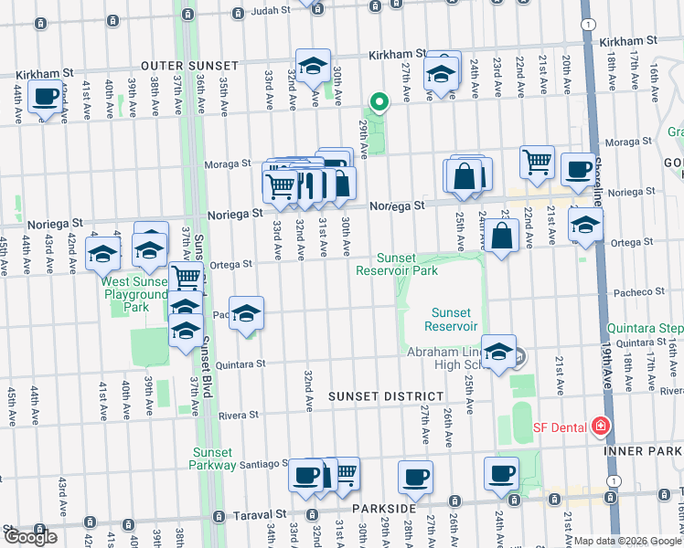 map of restaurants, bars, coffee shops, grocery stores, and more near 1927 30th Avenue in San Francisco