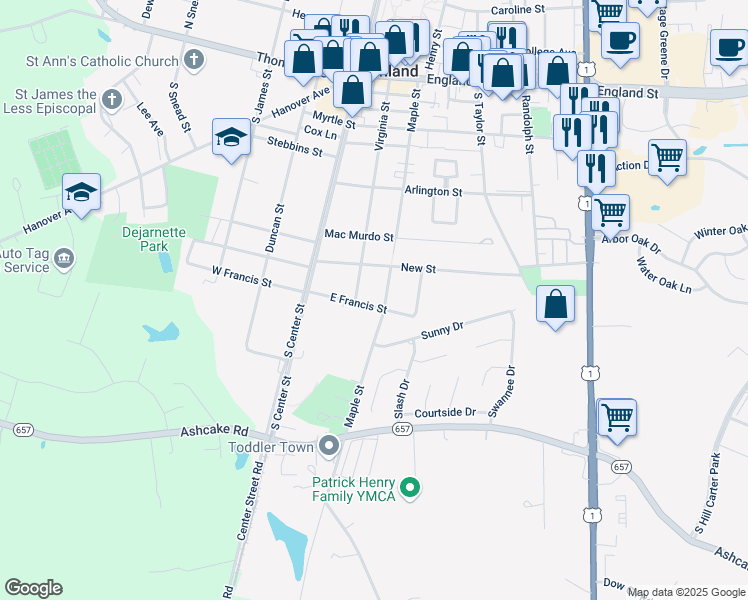 map of restaurants, bars, coffee shops, grocery stores, and more near 204 East Francis Street in Ashland