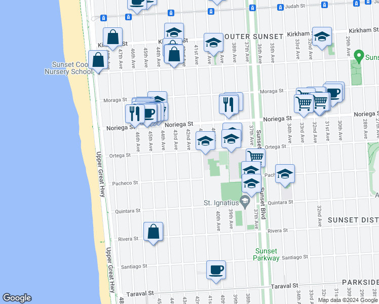 map of restaurants, bars, coffee shops, grocery stores, and more near Ortega St & 42nd Ave in San Francisco
