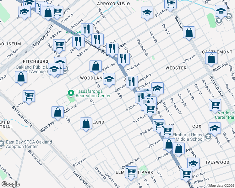 map of restaurants, bars, coffee shops, grocery stores, and more near 8617 A Street in Oakland