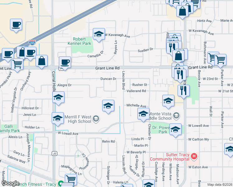 map of restaurants, bars, coffee shops, grocery stores, and more near 2160 Martin Road in Tracy