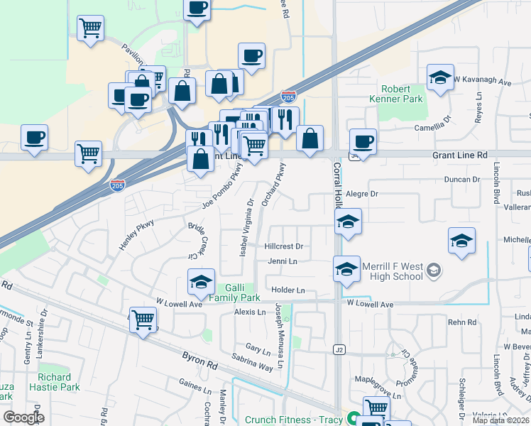 map of restaurants, bars, coffee shops, grocery stores, and more near 2206 Isabel Virginia Drive in Tracy