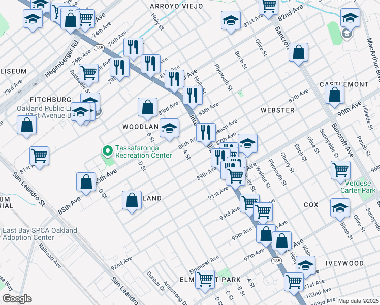 map of restaurants, bars, coffee shops, grocery stores, and more near 1322 86th Avenue in Oakland
