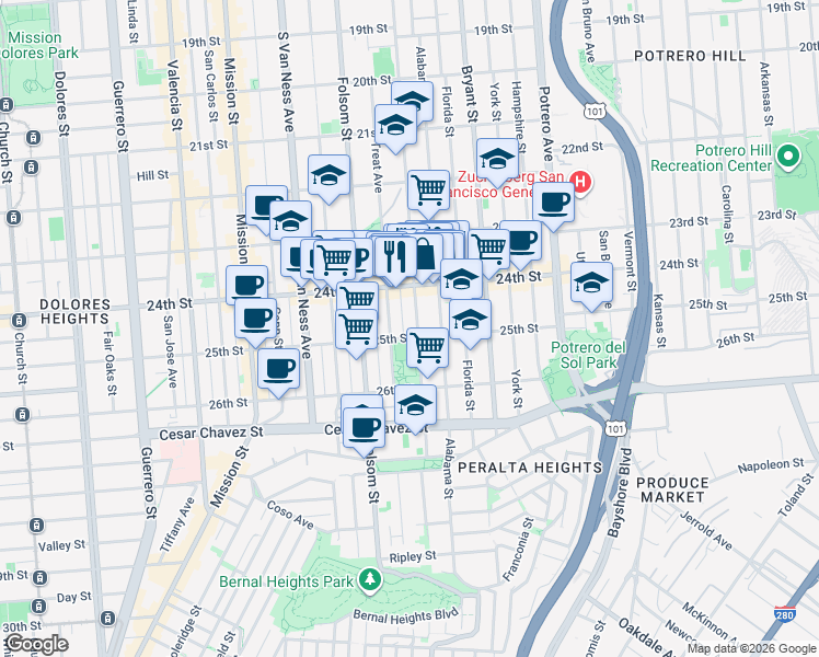map of restaurants, bars, coffee shops, grocery stores, and more near in San Francisco