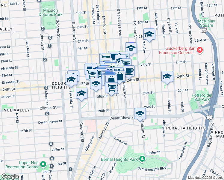map of restaurants, bars, coffee shops, grocery stores, and more near 2829 Mission Street in San Francisco