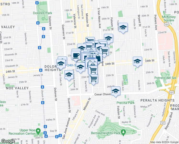 map of restaurants, bars, coffee shops, grocery stores, and more near 2829 Mission Street in San Francisco