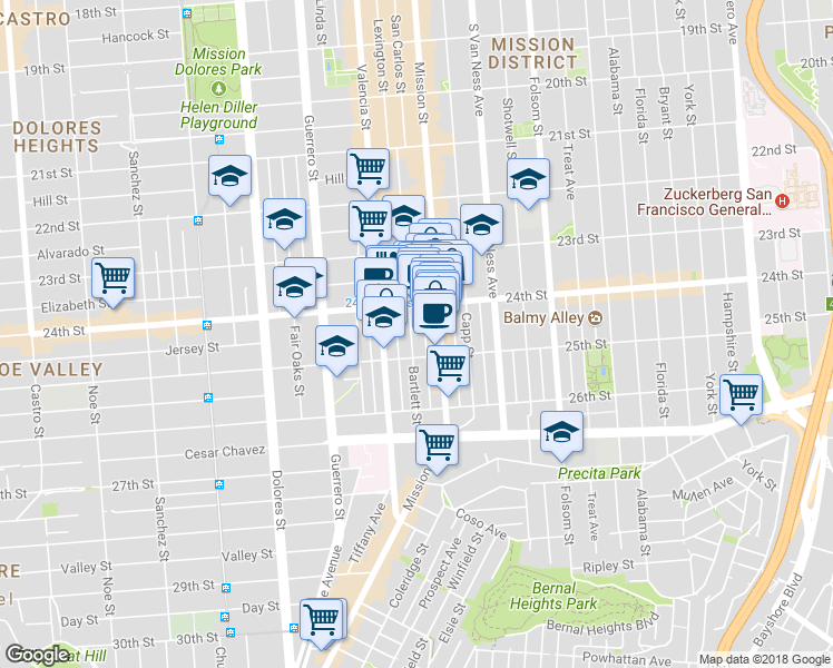 map of restaurants, bars, coffee shops, grocery stores, and more near in San Francisco