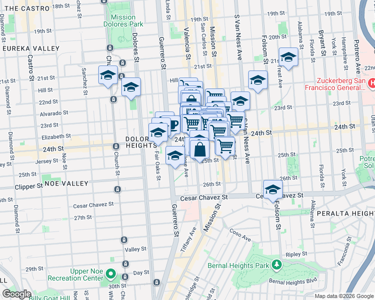 map of restaurants, bars, coffee shops, grocery stores, and more near 1306 Valencia Street in San Francisco