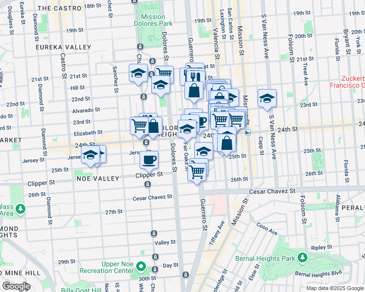 map of restaurants, bars, coffee shops, grocery stores, and more near 3651 24th Street in San Francisco