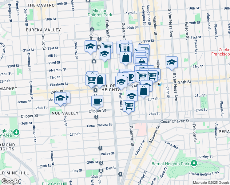 map of restaurants, bars, coffee shops, grocery stores, and more near 3651 24th Street in San Francisco