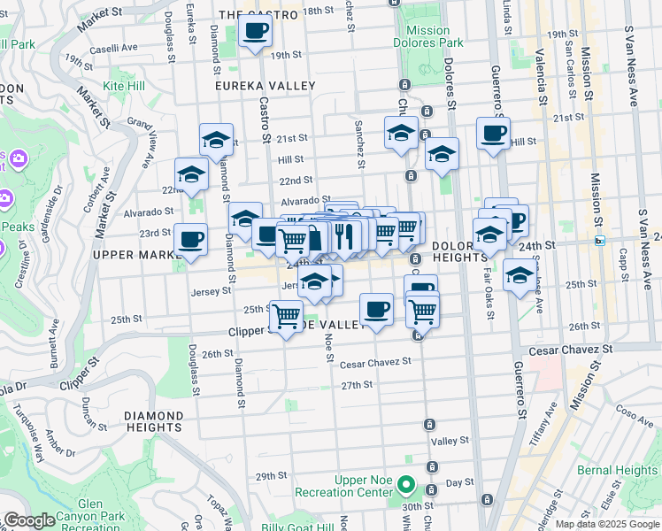 map of restaurants, bars, coffee shops, grocery stores, and more near 485 Elizabeth Street in San Francisco