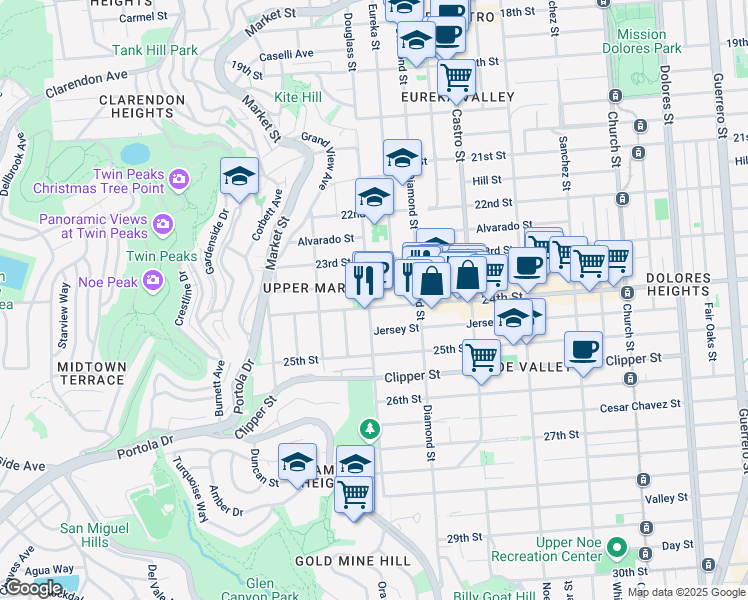map of restaurants, bars, coffee shops, grocery stores, and more near 820 Elizabeth Street in San Francisco