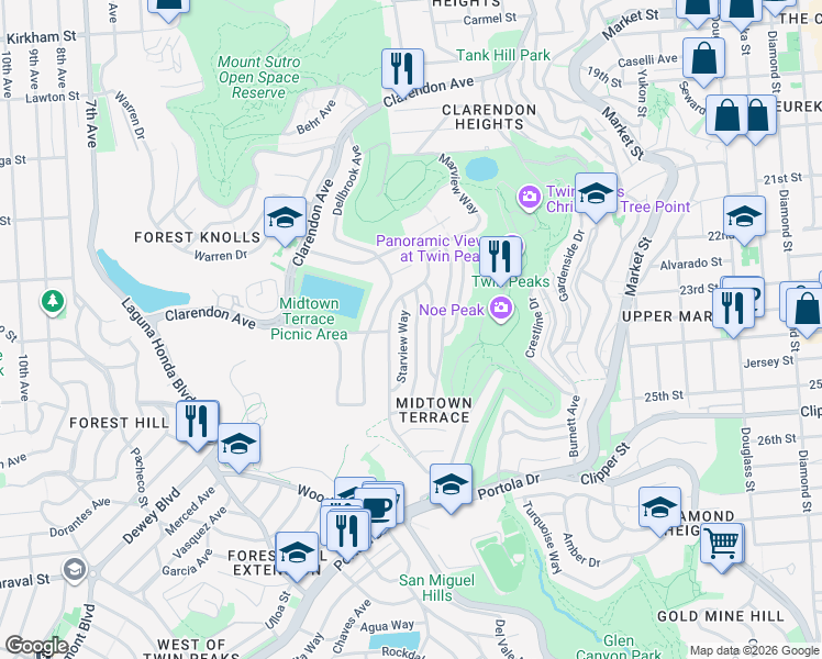 map of restaurants, bars, coffee shops, grocery stores, and more near 135 Knollview Way in San Francisco