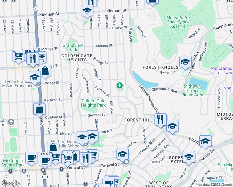 map of restaurants, bars, coffee shops, grocery stores, and more near 1943 9th Avenue in San Francisco