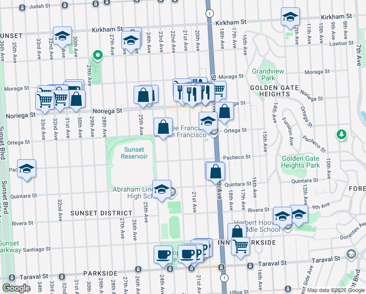 map of restaurants, bars, coffee shops, grocery stores, and more near 1910 22nd Avenue in San Francisco
