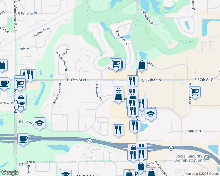 map of restaurants, bars, coffee shops, grocery stores, and more near 7627 East 37th Street North in Wichita