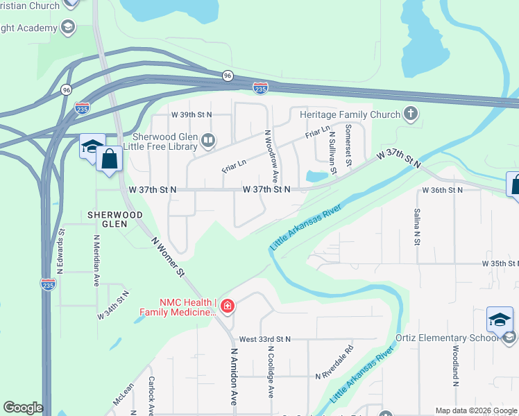 map of restaurants, bars, coffee shops, grocery stores, and more near 1703 West 37th Street North in Wichita