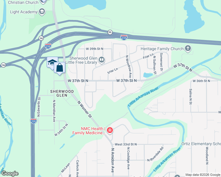 map of restaurants, bars, coffee shops, grocery stores, and more near 1901 W 37th St N in Wichita