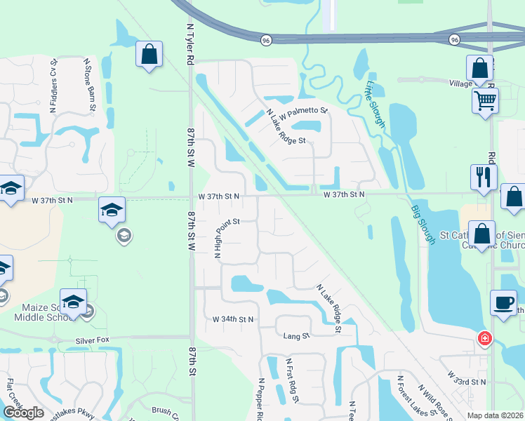 map of restaurants, bars, coffee shops, grocery stores, and more near West 37th Street North in Wichita
