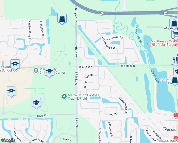 map of restaurants, bars, coffee shops, grocery stores, and more near West 37th Street North in Wichita