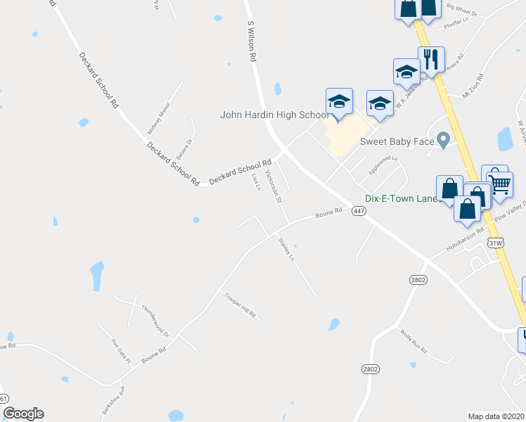 map of restaurants, bars, coffee shops, grocery stores, and more near 76 Grassland Avenue in Rineyville