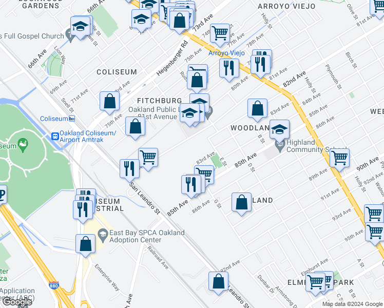 map of restaurants, bars, coffee shops, grocery stores, and more near 910 81st Avenue in Oakland