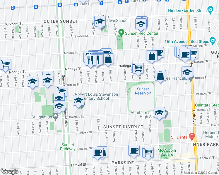 map of restaurants, bars, coffee shops, grocery stores, and more near 1927 30th Avenue in San Francisco