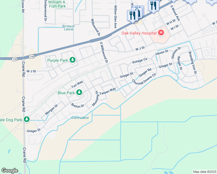 map of restaurants, bars, coffee shops, grocery stores, and more near 2049 Baluchi Way in Oakdale