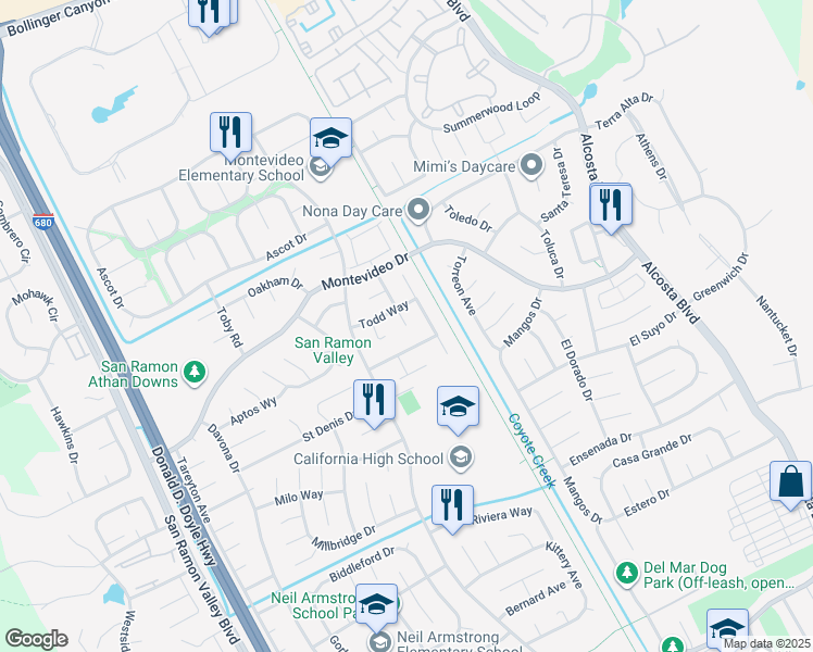 map of restaurants, bars, coffee shops, grocery stores, and more near Foxboro Court in San Ramon